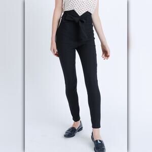 A481 • Black High Waist Belted Slim Pants with Back Zipper